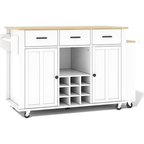 Îlot de cuisine mobile en MDF avec plateau coulissant, rangement et prises USB, blanc/chêne, 136(223)x50x93 cm (1/5)