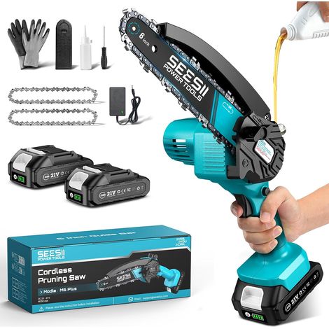 Mini Tronçonneuse à Batterie 6 Pouces avec Injecteur de Lubrifiant Tronçonneuse Électrique sans Fil avec 2x2.0Ah Batteries, Mini Scie à Chaîne Électrique Rechargeable avec 2 Chaînes (1/5)
