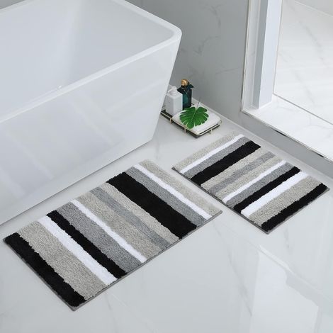Set of 2 Non-Slip Bath Mats, Soft Absorbent Microfiber, Machine Washable, 40x60cm and 50x80cm, Grey/Black (1/5)