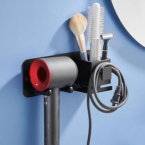 Support Seche Cheveux, Porte Sèche Cheveux Mural sans Percage Accroche avec Panier De Rangement et Range Câbles pour Salle de Bain, Hôtel de Chambre à Coucher (Noir) (1/5)