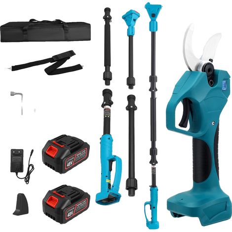 Tijeras de podar eléctricas, motor sin escobillas, longitud ajustable, color azul, incluye dos pilas. (1/5)