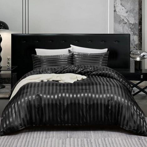 Bettwäsche-Set 200x220cm gestreift schwarz Satin mit Reißverschluss
