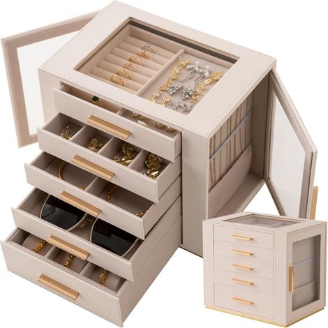 Boîte à bijoux à 5 niveaux avec couvercle en verre, organisateur de bijoux haute capacité avec tiroirs et miroir, boîte à bijoux en polyuréthane pour colliers, boucles d'oreilles, bagues (1/5)