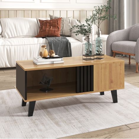 Tavolino da caffè 100 x 60 x 45 cm con vani contenitore, effetto legno e nero DESVIAE (1/5)