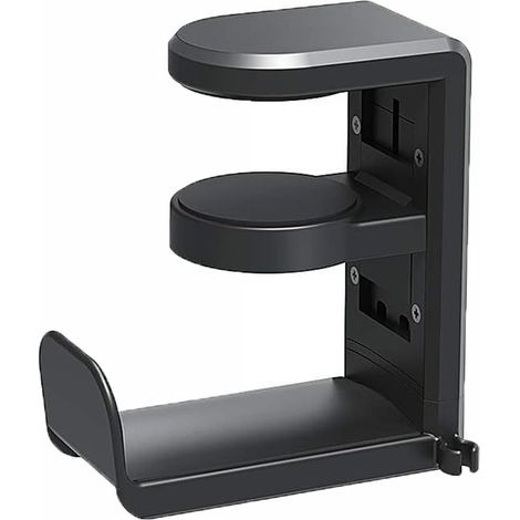 Headphone stand with 360-degree swivel cable clip, adjustable under-desk mount. Universal hook for gaming headsets, music headphones, and communication headsets. Black. (1/5)