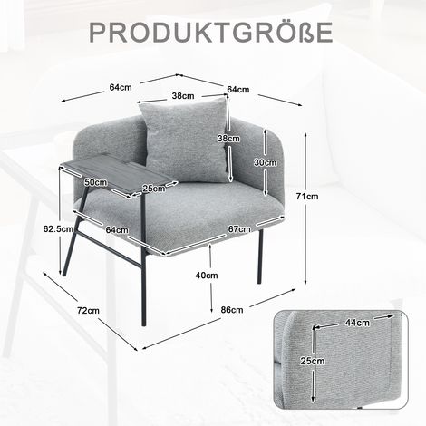 Fauteuil individuel moderne avec dossier en tissu confortable et deux compartiments de rangement, accompagné d'une table d'appoint pratique. Cette table minimaliste avec espace de stockage possède un (1/5)