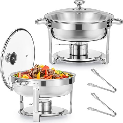 Lot de 2 Buffets Chauffants Ronds Chafing Dish Rond 5,5L Chauffe Plat à Combustible en Acier Inoxydable Alimentaire avec Couvercle en Verre pour Les Fêtes Buffets Banquets Dîners (1/5)