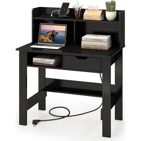 COSTWAY Scrivania Piccola con Libreria, Scrivania Salvaspazio con Prese di Corrente, Porte USB, Tipo C, Cassetto, Ripiano Superiore e Ripiano Aperto, per Casa, Ufficio e Studio (Nero) (1/5)