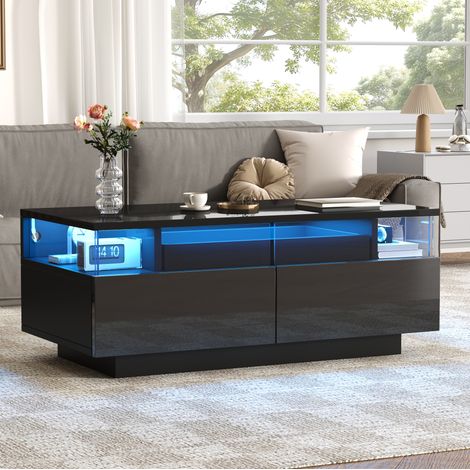 Mesa de centro 90 x 45 x 35,5 cm con 2 cajones, tablero extraíble y LED, negro HAVRYA (1/5)