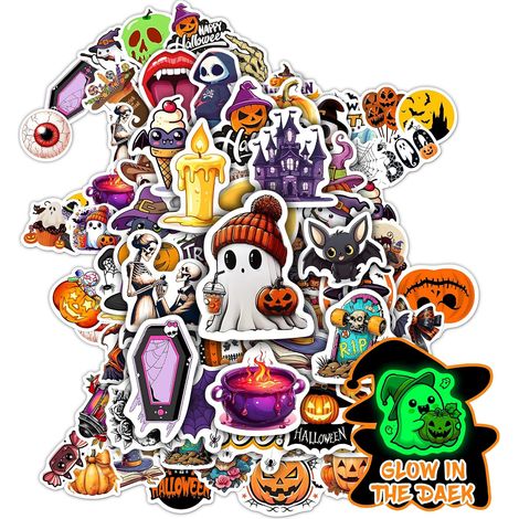 70 autocollants phosphorescents pour Halloween, parfaits pour décorer gourdes, ordinateurs portables et autres objets. Idéal comme récompense pour adolescents, filles, garçons et élèves. (1/5)