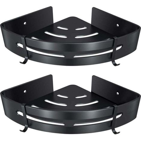 Etagère d'angle de Salle de Bain, Etagère de Douche sans Perçage Aluminium Adhésifs Panier de Rangement Douche pour Shampoing Savon Serviette, avec Crochets (Triangle, Noir, 2 Pièces)