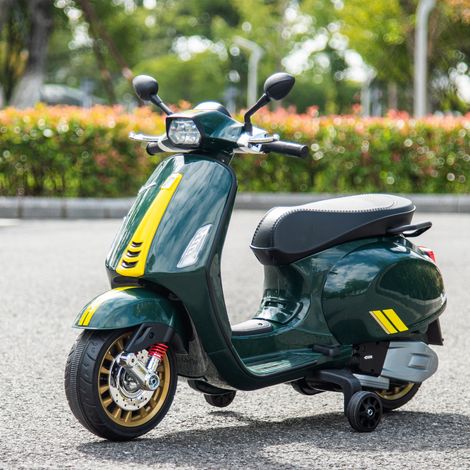 Patinete eléctrico Vespa de 6 V para niños, Dimensiones: 107 cm de largo x 47 cm de ancho x 73 cm de alto, Música MP3, Puerto USB, Faro delantero, 2 ruedines de entrenamiento - Verde