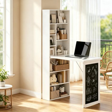 Bureau mural pliant 98x51x153 cm en MDF et bois blanc, gain de place pour bureau FLORAGRACE (1/5)