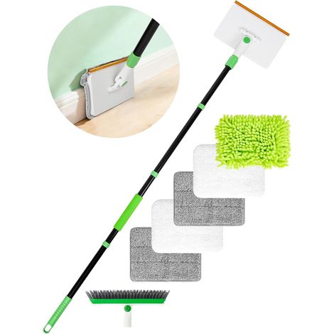 4-en-1 Outil de Nettoyage de Plinthes avec Balai Serpillère 5 Tampons s 1 Brosse à Poils Durs et Râteau à Tapis Tapis Fenêtres Murs Sols Salles de Bains et Cuisine Balai Plafond (1/5)