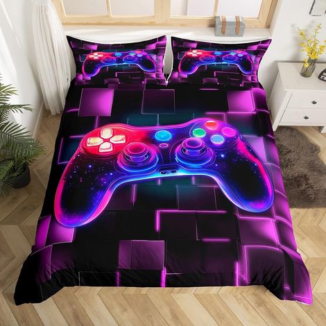 Housse de Couette 220x240 Gamer Violet, Parure de Lit Enfant Gaming Deco Chambre Ado Garcon, Sets de Housses de Couettes Jeux Vidéo, Couvre Lit Carrée Géométrique Lumineuse Au Néon - 220x240cm + 2 Tai (1/5)