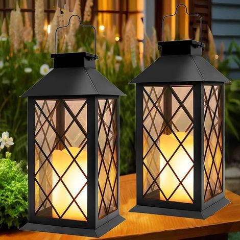 Lanterne Solaire Exterieur 2 Pièces Grande Lampe Solaire Jardin avec Bougie, Verre Trempé, Lampe de Table Étanche Suspension Lampe, Solaire Exterieur a Poser pour Balcon Jardin Terrasse - Noir (1/5)