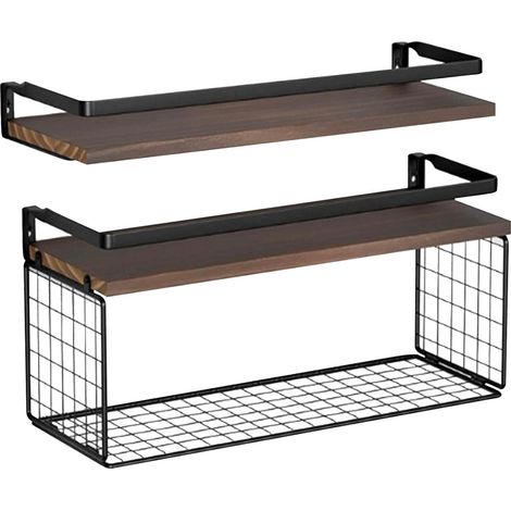 Étagères flottantes avec panier de rangement en fil métallique,étagères de salle de bain au-dessus des toilettes avec garde-corps en métal de protection,étagères murales en bois pour salle de bain