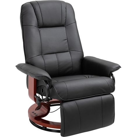 Fauteuil relax inclinable fauteuil de salon repose-pieds réglable pivotant 360° piètement bois revêtement synthétique noir