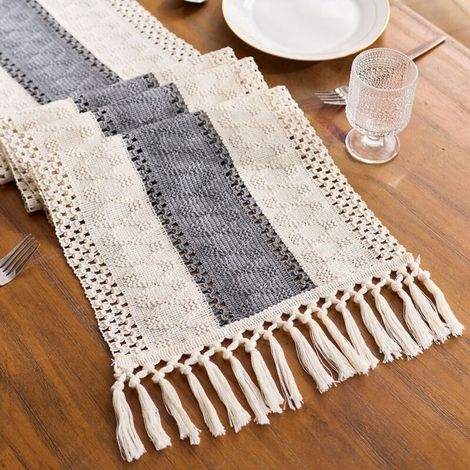 Fond blanc avec des touches de gris, 30 x 260 cm Chemin de table en coton et lin à blocs de couleur, orné de pompons ajourés noués, longue nappe décorative pour meuble TV de salon, table basse, set de (1/5)