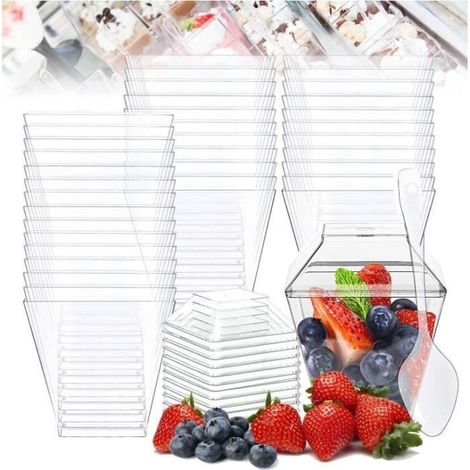 50 pièces, tasses à dessert réutilisables 60 ml, verrines plastique avec couvercles et cuillères, idéales pour desserts individuels et goûters (1/4)