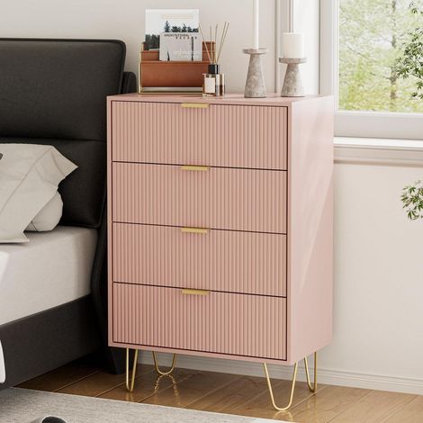 Kommode mit 4 Schubladen, Rosa, Holz Schubladenschrank mit Gold Bein, Beistellschrank (1/5)