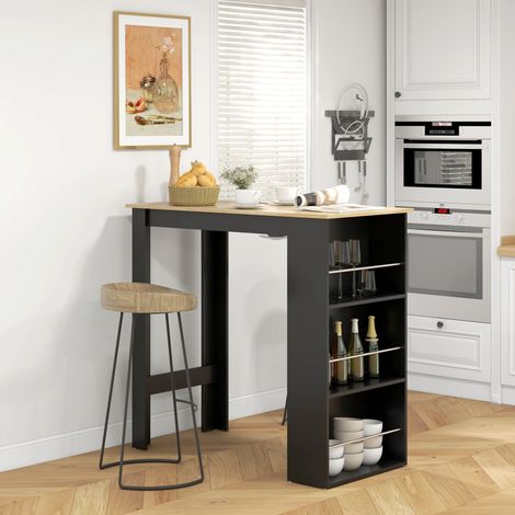 Table haute de bar, table de cuisine avec 3 étagères, cadre en bois style moderne 112x57x106 cm noir et naturel