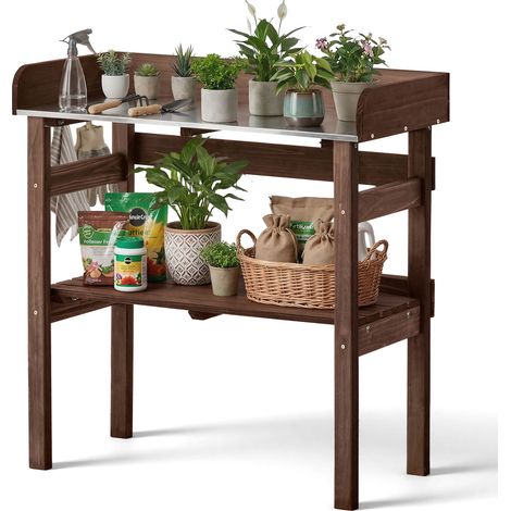 VEVOR Tavolo da Giardinaggio, Postazione di Lavoro per Giardinaggio allAperto con Piano in Legno da 78 x 38 cm, Ripiani Portaoggetti, Ganci, per Patio Esterno, Cortile, Balcone, Marrone