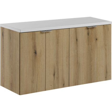 Meuble sous-vasque suspendu 2 portes avec plan NOVA OAK – Naturel et rangement pratique 100 cm-Naturel/Blanc-Largeur 100 cm (1/5)