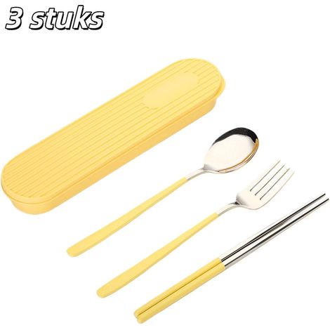 Ensemble de 3 couverts portables en acier inoxydable comprenant baguettes cuillère et fourchette avec pochette pour étudiants et employés de bureau couleur jaune (1/5)