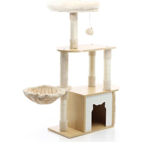 Fudajo Árbol rascador para gatos beige con madera 106cm con gatera, postes en sisal y tumbonas (1/5)
