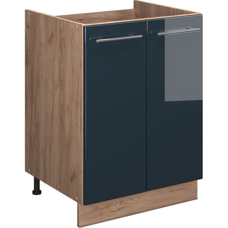 Spülenunterschrank Fame-Line, Dunkelblau Hochglanz/Goldkraft Eiche, 60 cm, Vicco (1/5)