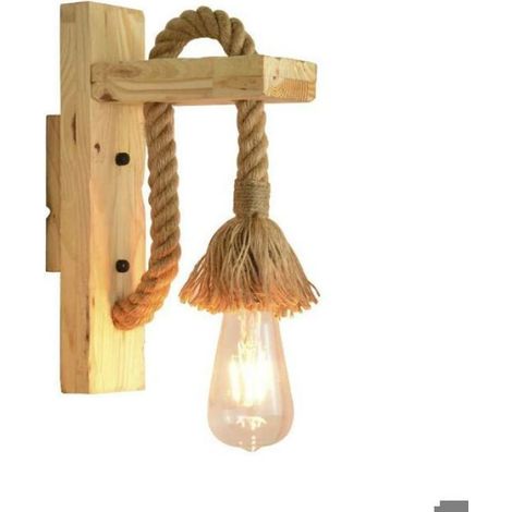 Applique style rétro corde de chanvre bois applique d'intérieur E27 Edison ampoule chaude incluse (1/4)