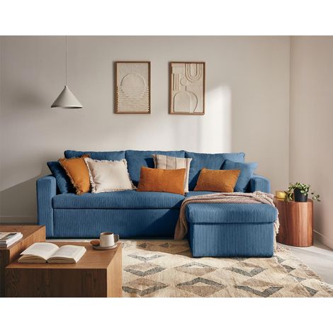 Bestmobilier – Canapé d'angle réversible 4 places – convertible avec coffre – velours côtelé bleu – couchage 115x190 cm – assise ferme mousse polyuréthane