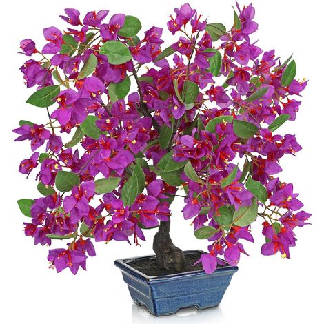 Fleurs artificielles en pots 47 cm de haut, plantes de bougainvillées artificielles avec pot en céramique bleu, fausses plantes de bougainvillées violettes en soie pour décoration de printemps (1/5)