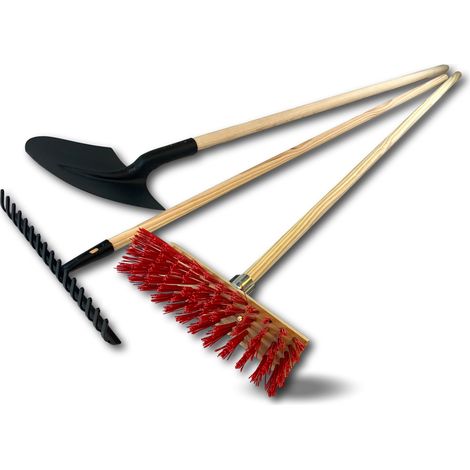 Kibros – Lot de 3 outils de jardin – Râteau 16 dents, pelle ronde pour maçonnerie, balai de cantonnier PVC 32 cm – Manche en bois robuste (1/5)