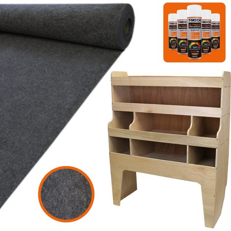 Kit Premium para Furgoneta VW Transporter – Moqueta de Revestimiento Gris Antracita con Adhesivo y Estantería de Madera Monster Racking para Organización Profesional