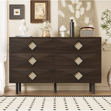 Comò a 6 cassetti con maniglie in rattan, in MDF, noce (1/5)