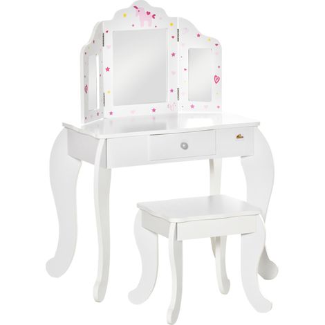 Coiffeuse enfant avec tabouret, table de maquillage avec triple miroir et tiroir, 63 x 40 x 85,5 cm, blanche (1/5)