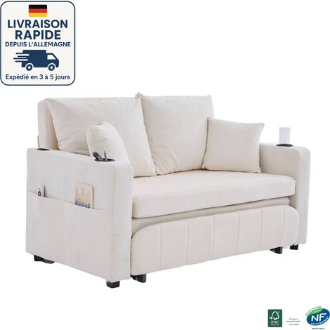 MODFU - Canapé convertible 2 places, canapé droit, 4 coussins, dossier réglable 90°/180°, port USB + porte-gobelet, salon/chambre, beige (1/5)