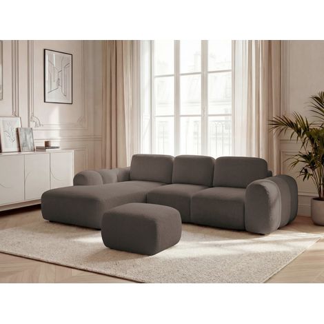 BOBOCHIC - Canapé d'angle convertible coffre grande méridienne MONTAIGNE tissu bouclette avec pouf Angle gauche  Marron