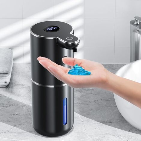 Dispenser automatico di sapone in gel, nero, 380 ml, attivazione a infrarossi senza contatto, 6 flaconi e batteria da 1200 mAh, montaggio a parete e su tavolo, impermeabile (IPX5) (1/5)