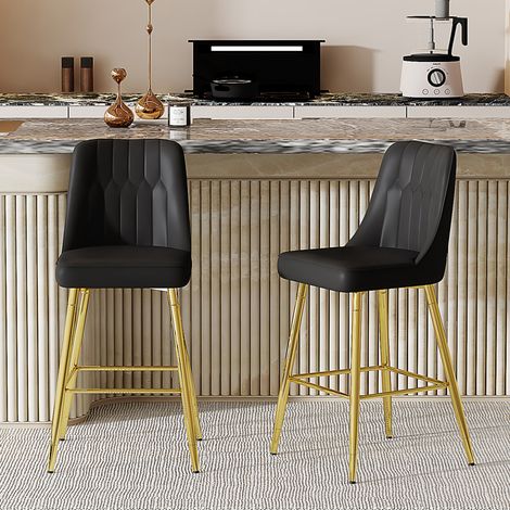 REDOM - Set di 2 sgabelli da bar, dal design ergonomico, pratici, in metallo e PU simile nero e oro (1/5)