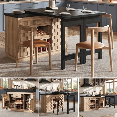 Îlot de cuisine pivotant à 360° et meuble d'appoint 120–197cm avec portes patchwork, casier à vin amovible et tiroirs, 2 couleurs (chêne clair / noir) (1/5)
