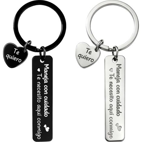 Set of 2 "Drive Carefully" keychains for him, black and silver "I Love You" keychains, with the Spanish message "Maneja Con Cuidado Te Necesito Aqui Conmigo" and a "Te Quiero" heart, gift (1/5)