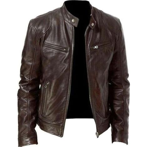 Veste de motard homme en similicuir, fermeture éclair, taille M, marron (1/3)
