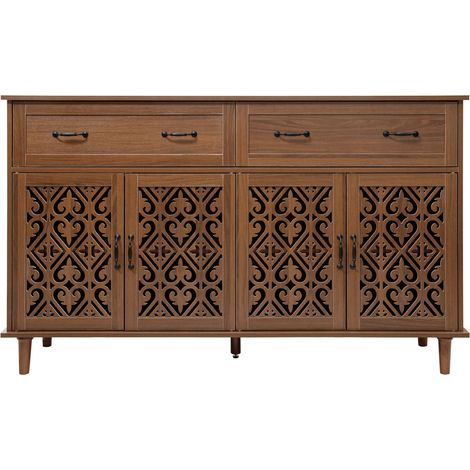 CAIziBuffet couleur noyer à quatre portes et deux tiroirs, motif ajouré sculpté – étagères réglables en hauteur, poignées métalliques rétro et pieds robustes en bois massif, meuble de rangement pour s