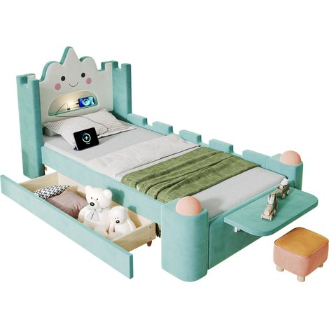 Lit Enfant Simple Nuage avec Tiroir, Lampe de Lecture LED et USB, 90 x 200 cm, sans Matelas, Bleu Vert (1/5)