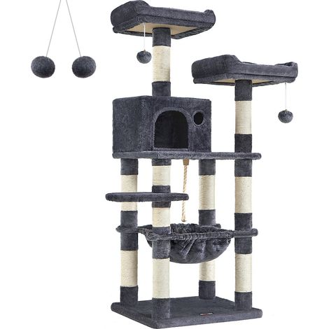 Arbre à chat stable avec niche 55 x 45 x 143 cm 2 plateformes d'observation confort matelassé en MDF gris clair (1/3)