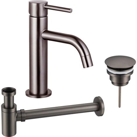 Fortifura Calvi Slim Kit mitigeur lavabo - robinet bas - bonde non-obturable - siphon design bas - PVD Gunmetal