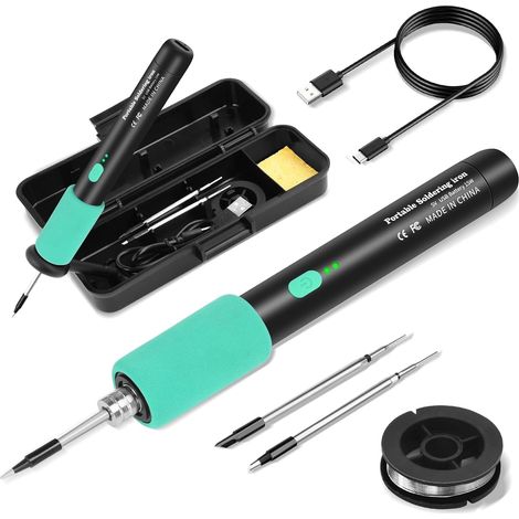 Kit fer à souder avec batterie USB, 3 températures réglables (270 °C à 450 °C), 3 pannes à souder, support, fil à souder, fer à souder professionnel et sûr - Noir (1/5)